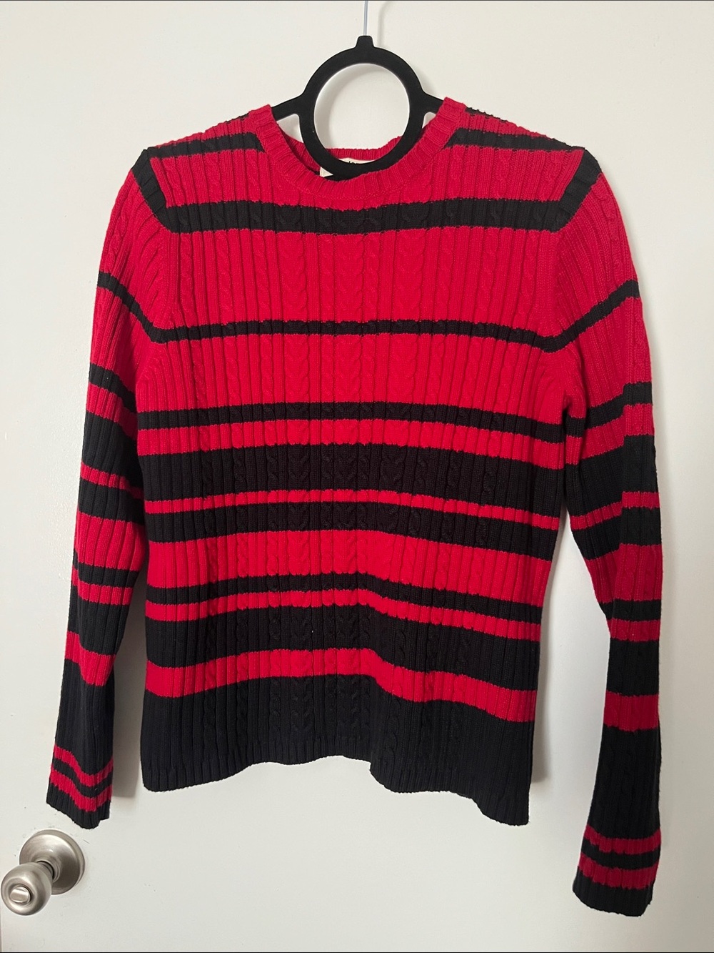 Vintage Marsh Landing Red and Black Striped Rib-Knit Crewneck Sweater